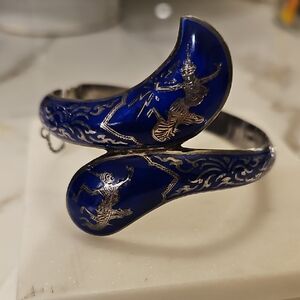 Vintage Sterling Silver Blue Enamel Hinged Thailand Bracelet Siam God & Goddess